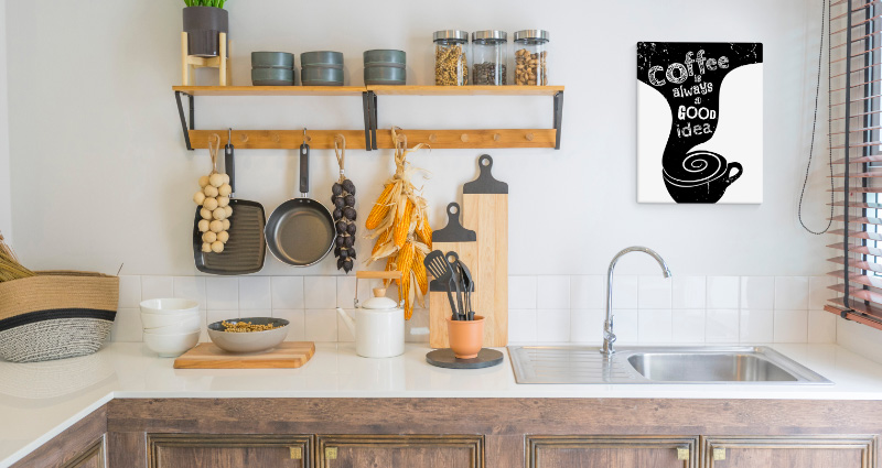 A kitchen decorated with the ‘Coffee Lover’ Canvas. 