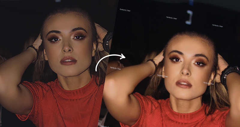 Dviejų nuotraukų palyginimas - nuotraukos rodo moterį, laikančią savo rankomis galvą su raudona palaidinė, juodame fone - prieš ir po panaudojimo "Perfectly Clear" automatinio koregavimo.
