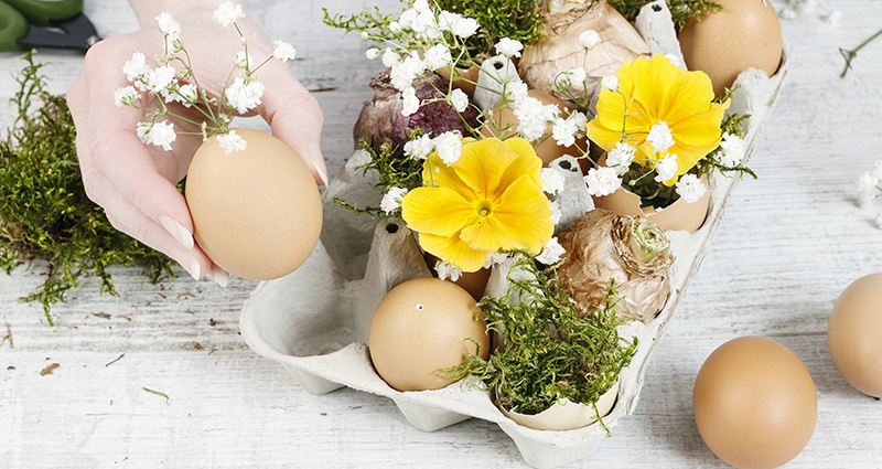A table piece made from an egg carton. Close-up on woman's hands putting a flower decorated egg into the egg carton.