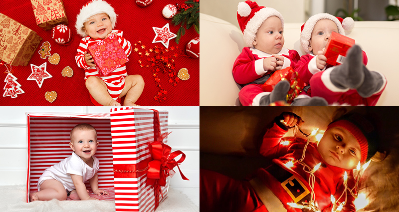 Baby photo shoots with Christmas ornaments and accessories