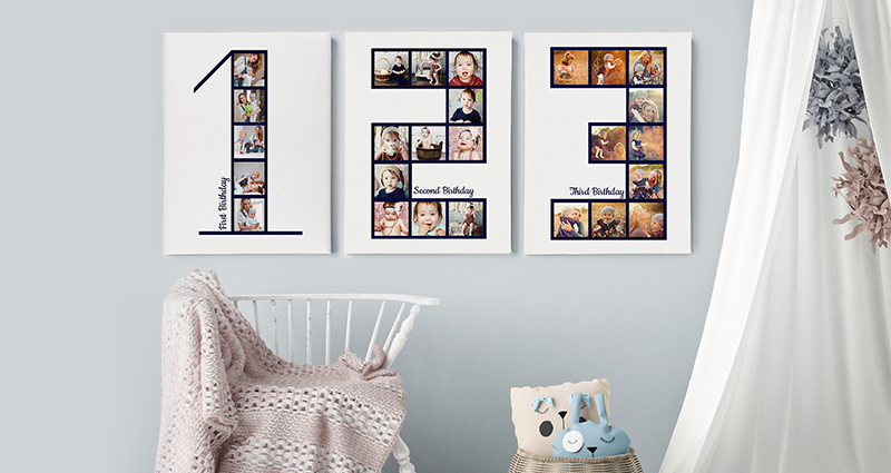 Birthday Photo Canvases on the wall in a nursery