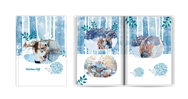 Šablona fotoknihy Christmas Gift - fotografie otevřené a zavřené knihy.