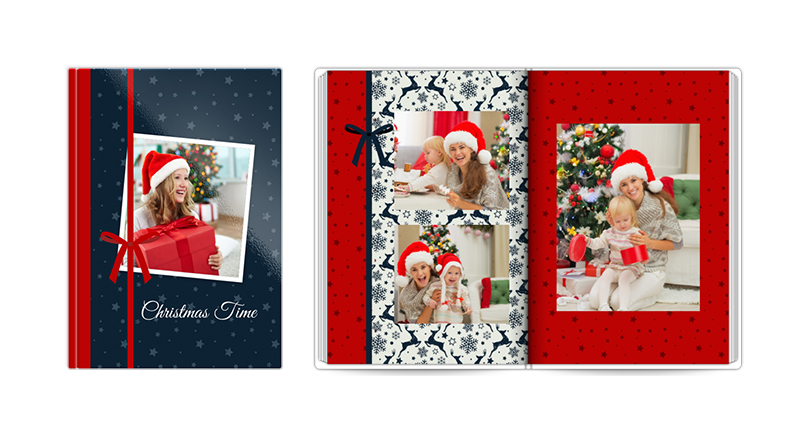 Le modèle de livre photo Fêtes de Noël – la photo avec un livre fermé et ouvert.