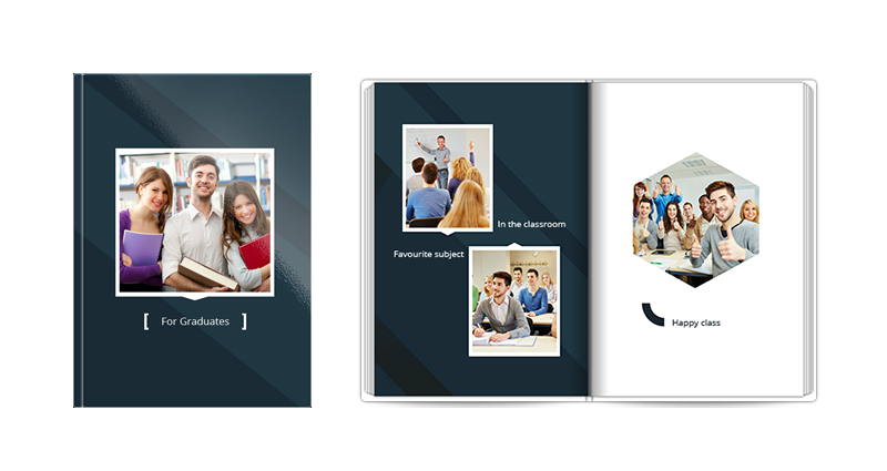 Graduados – una plantilla elegante de yearbook en los colores blanco y azul marino, ideal para alumnos de bachillerato.