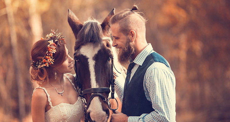 Een foto van een bruidspaar met een paard; op de achtergrond een herfstbos.