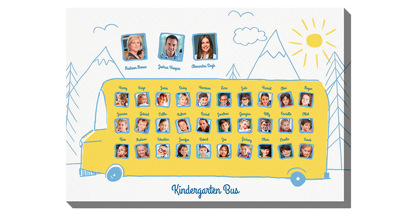 Kindergartenbus – Schulleinwand für Bilder von Kindergartenschülern in gelb-blauen Farben