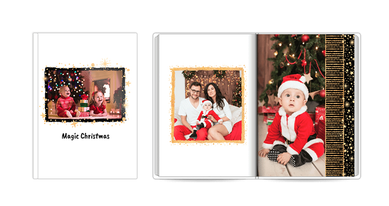 Šablona fotoknihy Magic Christmas - fotografie otevřené a zavřené knihy.