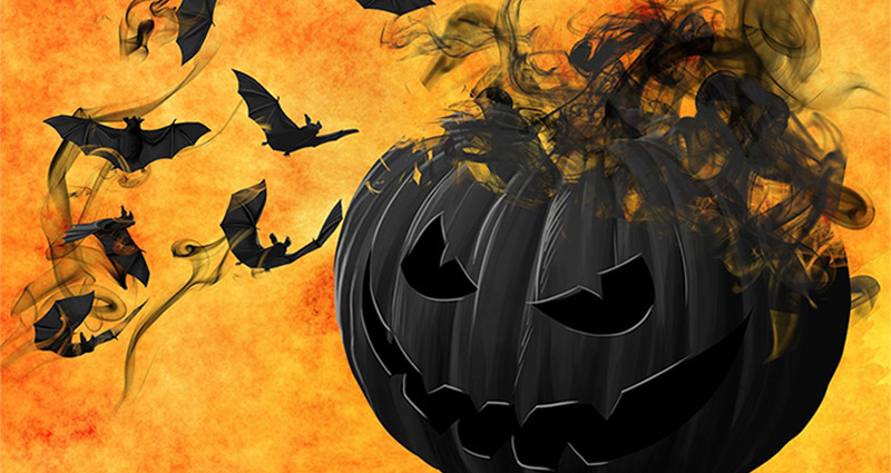 Orange-black graphics about Halloween with flying bats. 