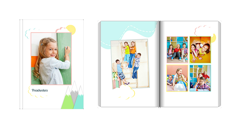 Kindergarten – perfekte Schablone eines Schulfotobuchs für Bilder von Kindergartenschülern in pastellfarbenen Tönen