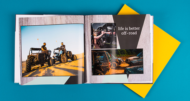 Square Photobook exclusive with photos of an off-road trip, a closed photobook in a yellow textile cover in the background