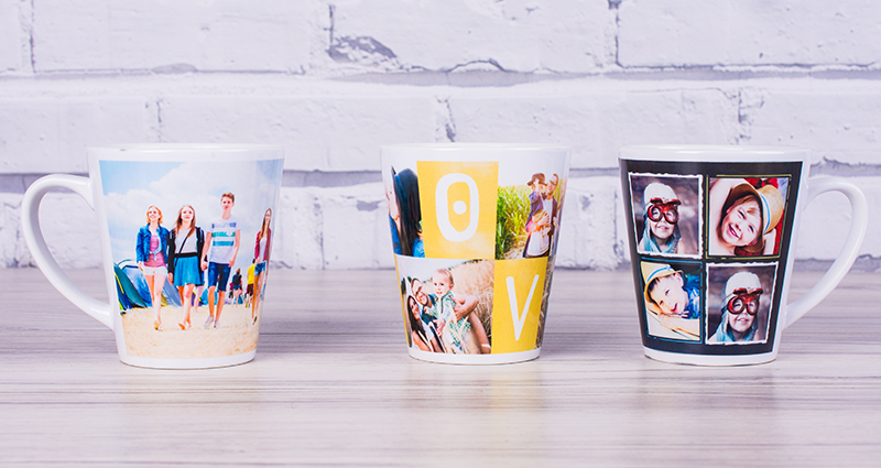 Three colourful latte mugs with photos