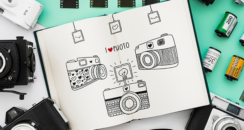 Open book with three drawn cameras and the "I <3 photo" writing on its pages; cameras, lenses and films around the book lying on a mint mat on a white desk 