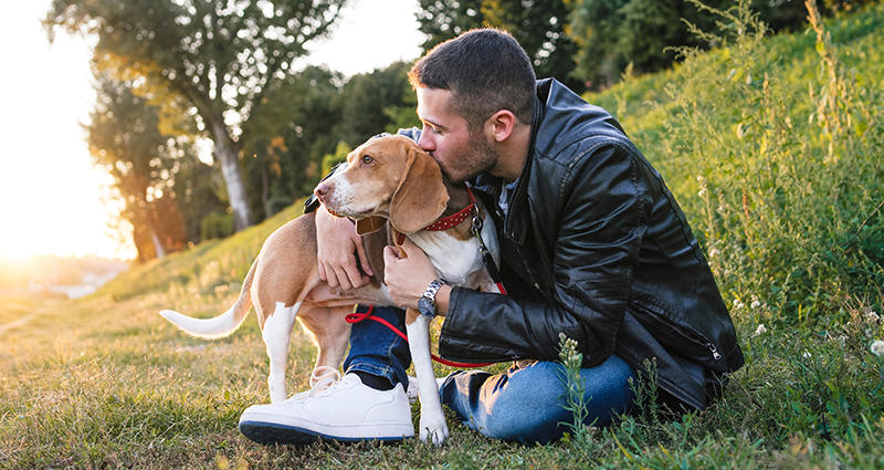 A man with a dog is posing in a dog memory book