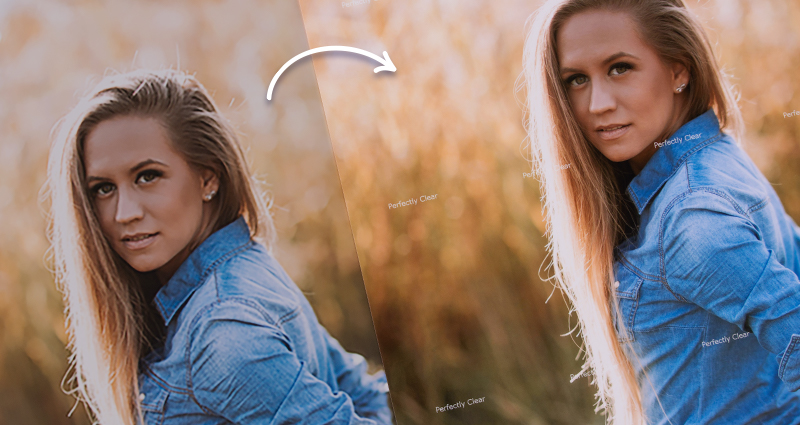 Comparación de dos impresiones (foto de una mujer con el pelo disuelto y brillante en una camisa de denim, un campo dorado en el fondo) antes y después de la corrección automática e inteligente Perfectly Clear.