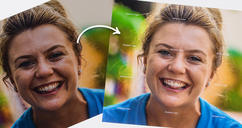 Comparison of two prints – a photo showing a woman laughing in blue t-shirt, blurred and colourful background – before and after Perfectly Clear correction.