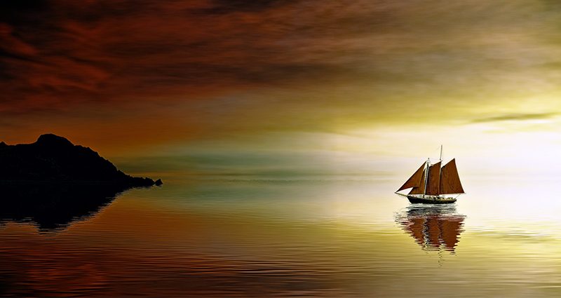 Boat on the right side of the frame, floating on a calm lake surface