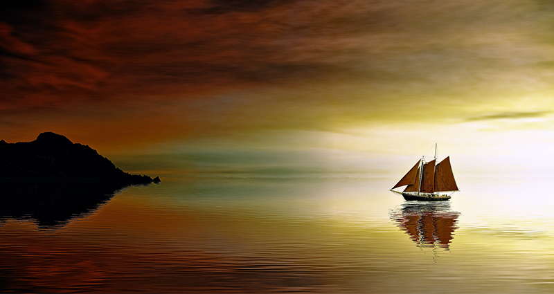 Boat on the right side of the frame, floating on a calm lake surface