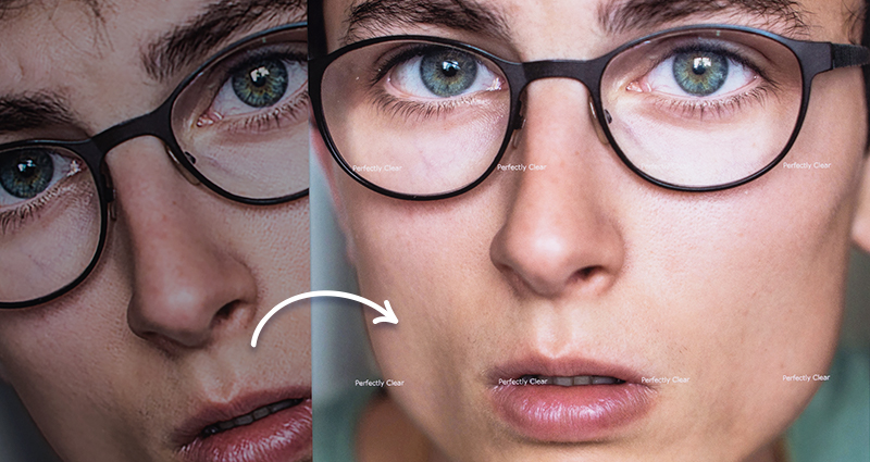 De vergelijking van 2 foto's. De foto's presenteren het gezicht van een man die een ovale bril draagt. Foto aan de linkerfant – zonder intelligente fotocorrectie, aan de rechterkant – met intelligente fotocorrectie. 