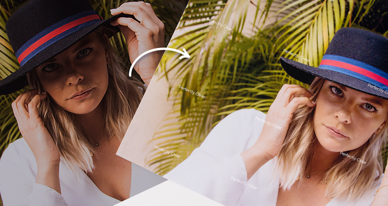 Comparación de dos impresiones (foto de una mujer con sombrero negro y camisa blanca, las palmeras en el fondo) antes y después de la corrección automática e inteligente Perfectly Clear.