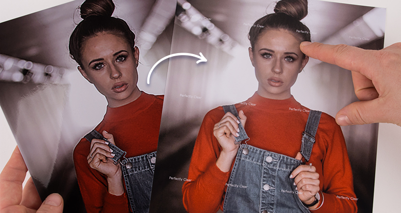Comparison of two prints – photo of a woman wearing red polo-neck sweater and jeans dungarees in grey corridor – before and after Perfectly Clear correction.