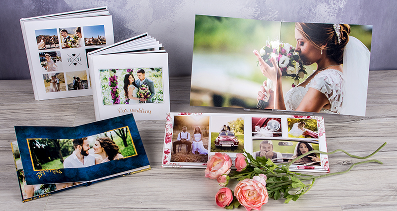 Cinq albums argentiques de mariage en 3 formats différents.