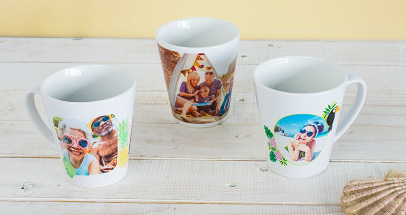 Latte photo mugs on the desk lying next to a seashell