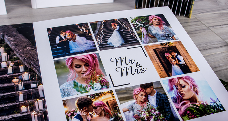 Álbum de lujo 25x25cm, enfoque a la página con un collage de fotos de boda.