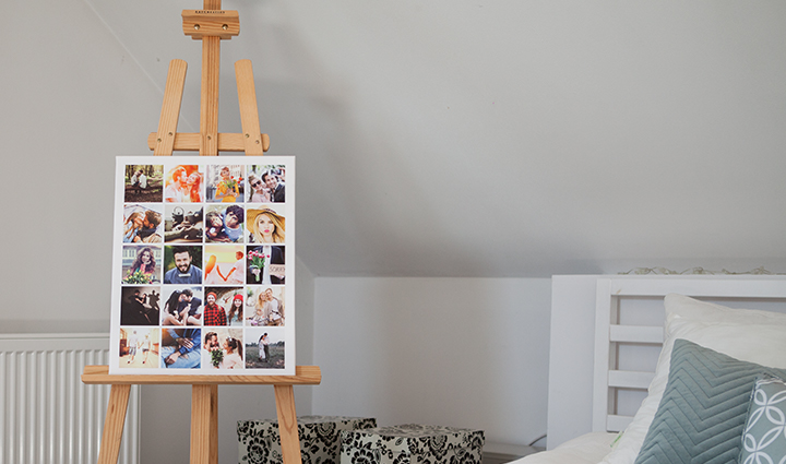 Photo canvas – collage on an easel in the bedroom