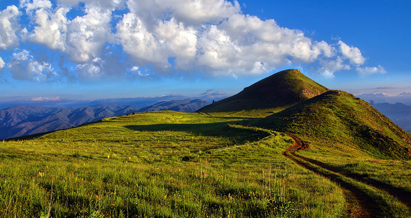 Road through the mountains next to the mountain meadows, white cloud in the blue sky