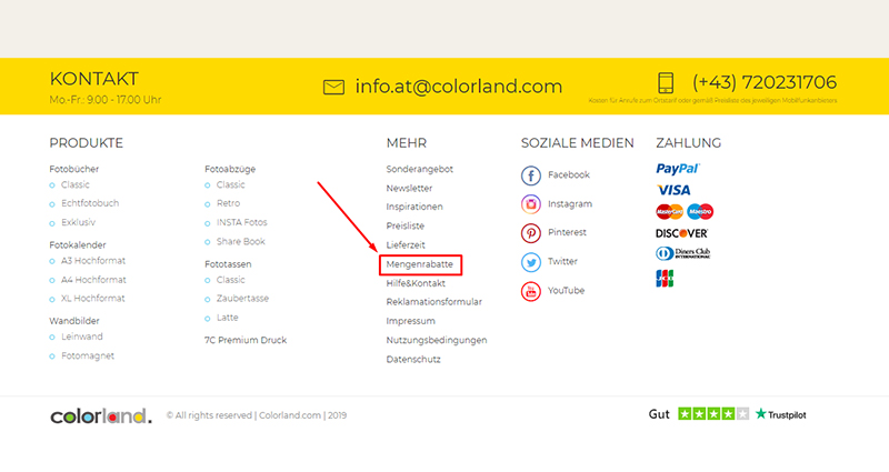 Screenshot of the main website of colorland.com with “Bulk Orders” tab marked in the footer