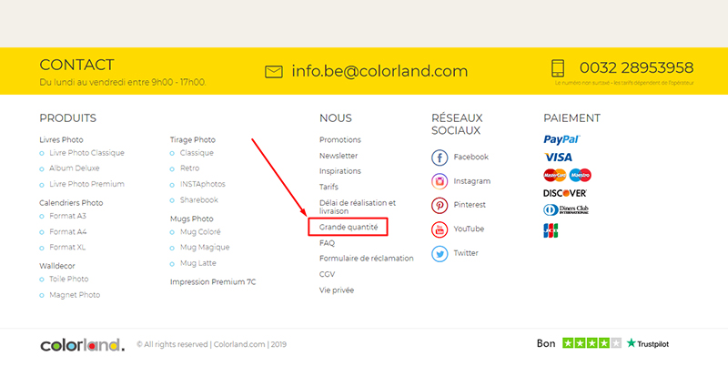 Screenshot de la page principale de  colorland.com avec l’onglet de  „grandes quantités”.