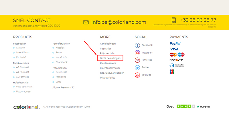 Screenshot of the main website of colorland.com with “Bulk Orders” tab marked in the footer