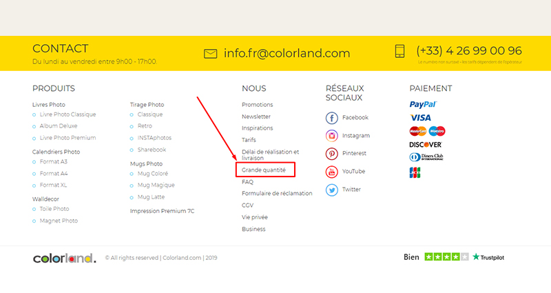 Screenshot de la page principale de  colorland.com avec l’onglet de  „grandes quantités”.