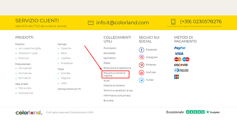 Screenshot della pagina principale di colorland.com con la scheda "Preventivo d'ordine ingente" contrassegnata in piè di pagina