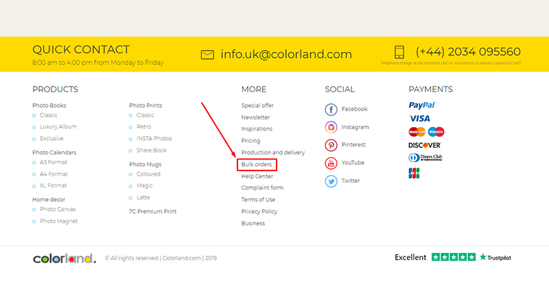 Screenshot of the main website of colorland.com with “Bulk Orders” tab marked in the footer