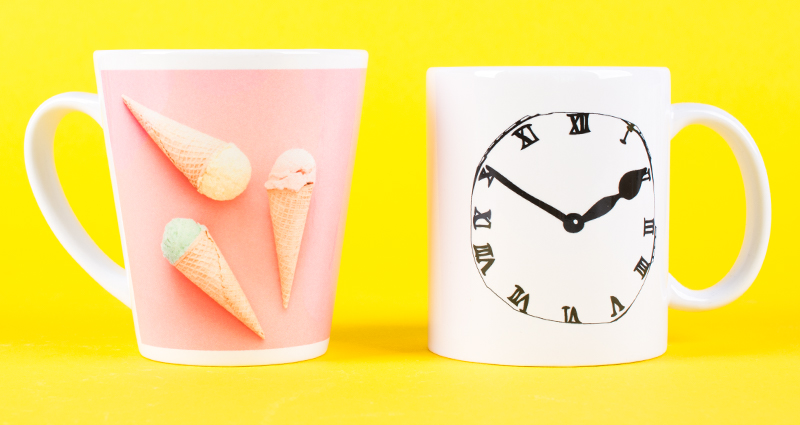 Two photo mugs – one coloured mug with a photo, one latte mug with a premade template on the yellow background