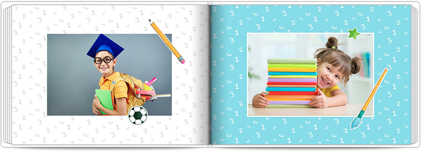 <p>Brieven is een ander voorstel voor onze jongste klanten. Het boek is ontworpen in levendige kleuren en het hoofdmotief is kleine letters en cijfers en schoolbenodigdheden. De sjabloon is perfect om een jaarboek of foto's te ontwerpen van de schoolreisj