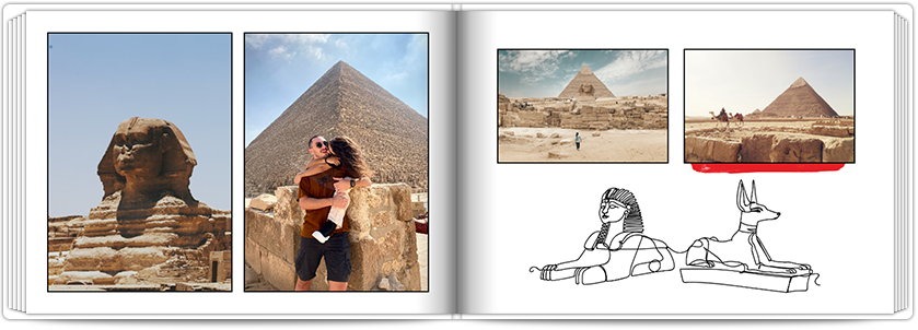 <p>Het is tijd om af te reizen naar het land van de Nijl, de piramides en de hiërogliefen! Doe dat op de pagina's van een fotoboek in Egyptische stijl, ideaal voor het inlijsten van de foto's, die je meebrengt uit Caïro, Gizeh of Luxor. De universele kleu