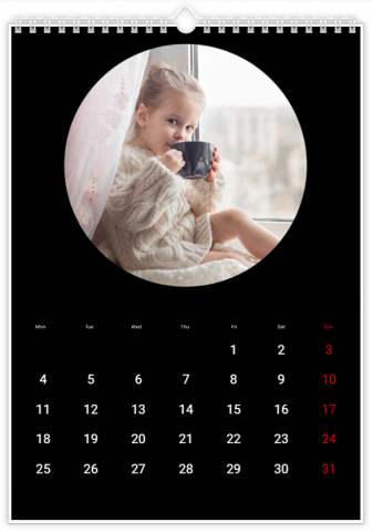 Photo Calendar 20x30 (A4 Portrait) Round Frame Black