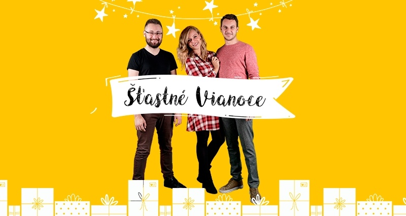 Dvaja muzi a zena na zltom pozadi