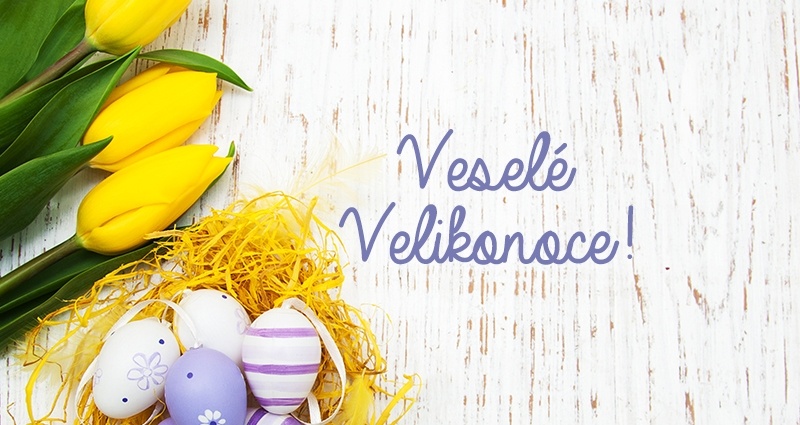 Fialovo-bílé velikonoční vajíčko umístěné v žlutém hnízdečku z dekorativní rafie, vedle žluté tulipány na světlém pozadí. Ve středu fotografie je nápis: "Veselé velikonoce!".