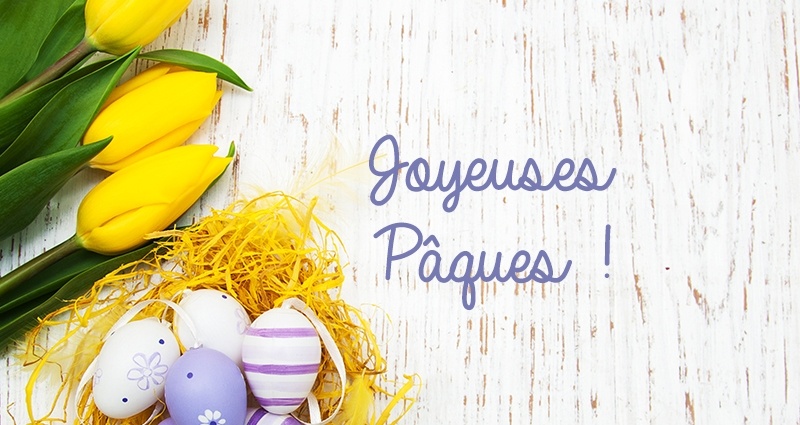 Les œufs de Pâques en couleurs violet-blanc rangés dans un nid jaune en raphia décoratif, à côté des tulipes jaunes sur un fond clair. Au centre de la photo un texte: "Joyeuses Pâques!".